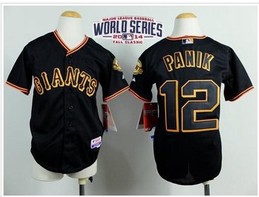 Youth Giants #12 Joe Panik Black Cool Base W 2014 World Series Patch Baseball Jersey