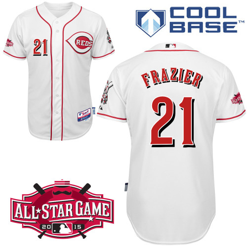 Cincinnati Reds #21 Frazier Authentic Personalized Home White Jersey w2015 All-Star Patch Cincinnati Reds #21 Frazier Authentic Personalized Home White Jersey w2015 All-Star Patch