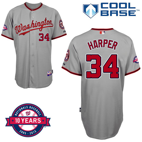 Washington Nationals #34 Harper Authentic Personalized Road Gray Jersey 10th Anniversary Patch