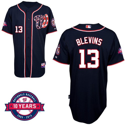 Washington Nationals#13 Blevins Authentic Personalized Alternate Blue Jersey 10th Anniversary Patch