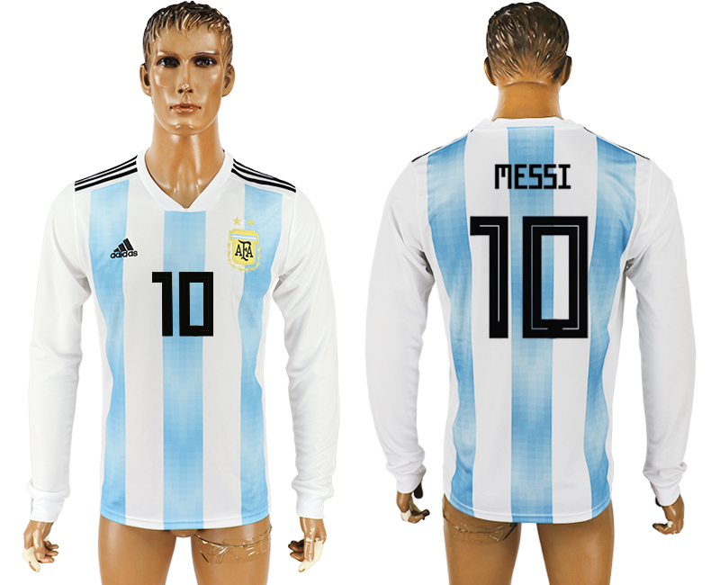 2018 World Cup Men Argentina #10 Messi Home Long Sleeves Soccer Country Jersey