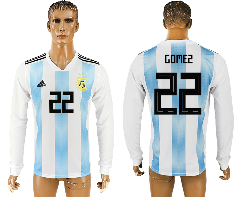 2018 World Cup Men Argentina #22 Gomez Home Long Sleeves Soccer Country Jersey