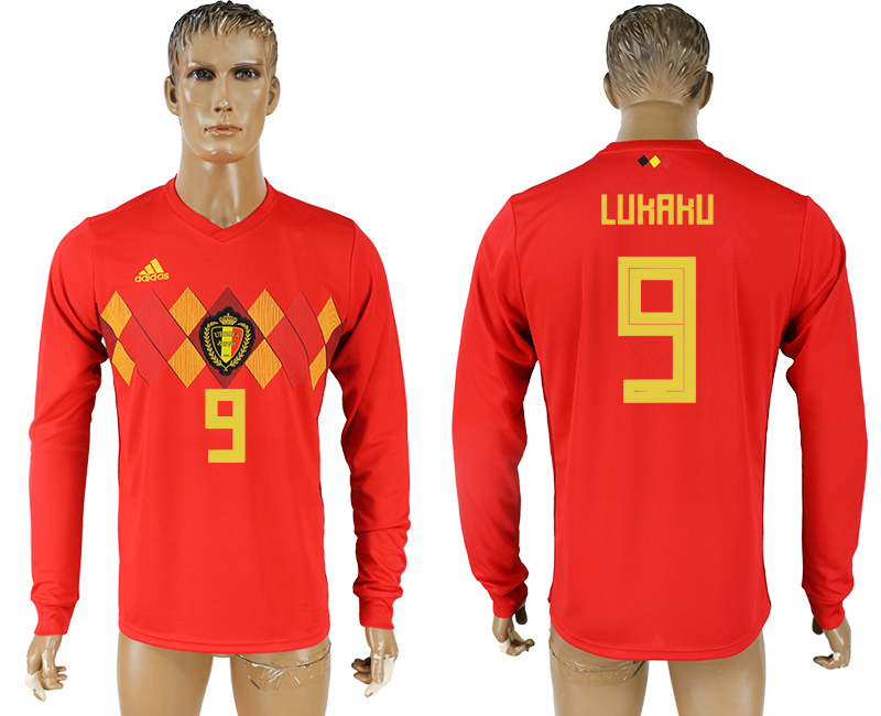 2018 World Cup Men Belgium #9 Lukaku Red Home Long Sleeves Soccer Country Jersey