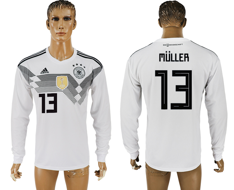 2018 World Cup Men Germany #13 Muller White Home Long Sleeves Soccer Country Jersey