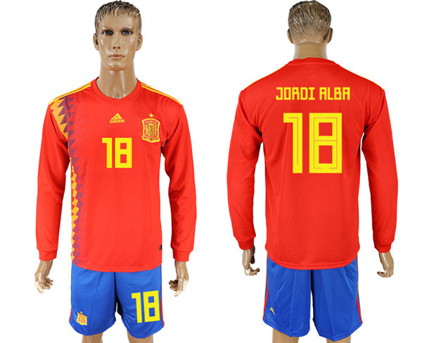 2018 World Cup Men Spain #18 Jordi Alba Red Home Long Sleeves Soccer Country Jersey 2018 World Cup Men Spain #18 Jordi Alba Red Home Long Sleeves Soccer Country Jersey