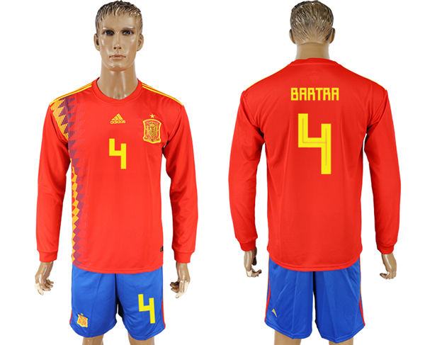 2018 World Cup Men Spain #4 Bartra Red Home Long Sleeves Soccer Country Jersey 2018 World Cup Men Spain #4 Bartra Red Home Long Sleeves Soccer Country Jersey