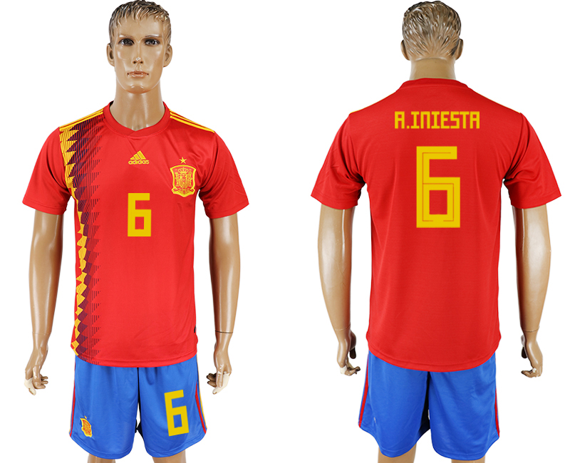 2018 World Cup Men Spain #6 A.Iniesta Red Home Soccer Country Jersey