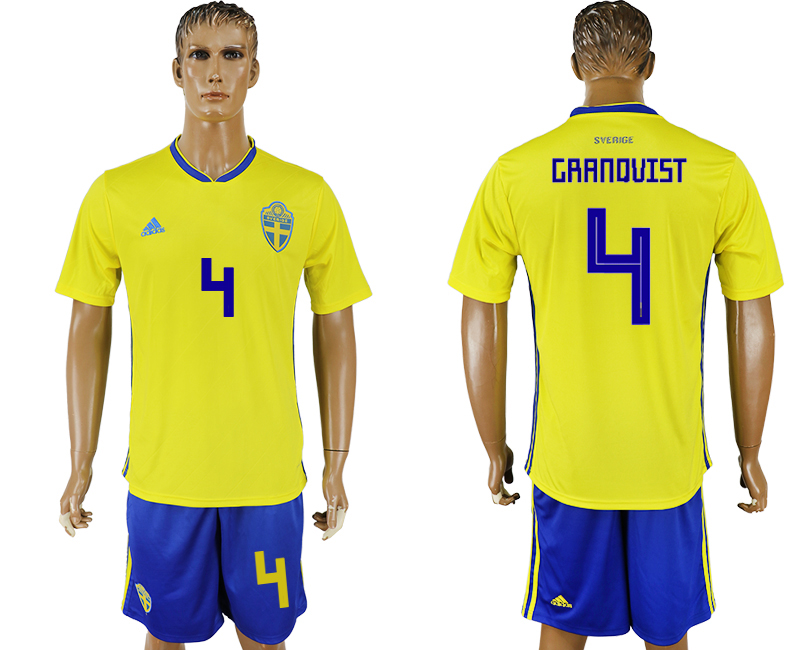 2018 World Cup Men Sweden #4 Granqvist Home Soccer Country Jersey