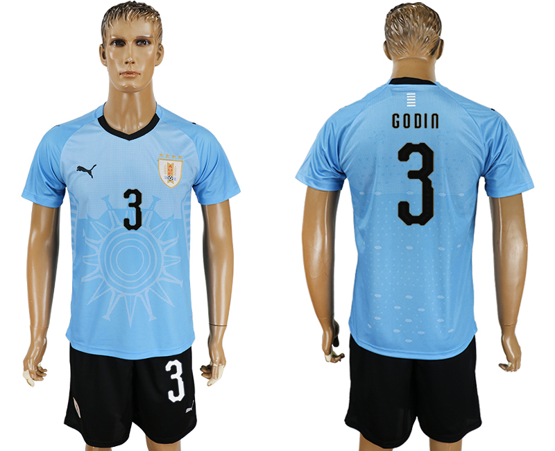 2018 World Cup Men Uruguay #3 Godin Home Soccer Country Jersey