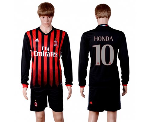 AC Milan #10 Honda Home Long Sleeves Soccer Club Jersey AC Milan #10 Honda Home Long Sleeves Soccer Club Jersey