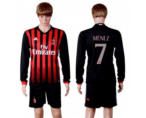 AC Milan #7 Menez Home Long Sleeves Soccer Club Jersey AC Milan #7 Menez Home Long Sleeves Soccer Club Jersey