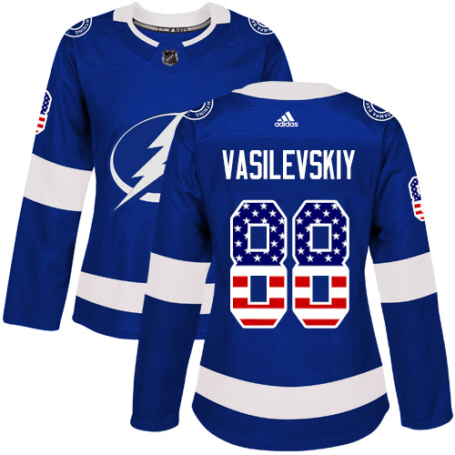 Adidas Lightning #88 Andrei Vasilevskiy Blue Home Authentic USA Flag Women's Stitched NHL Jersey Adidas Lightning #88 Andrei Vasilevskiy Blue Home Authentic USA Flag Women's Stitched NHL Jersey