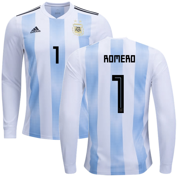 Argentina #1 Romero Home Long Sleeves Kid Soccer Country Jersey Argentina #1 Romero Home Long Sleeves Kid Soccer Country Jersey