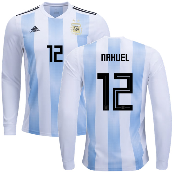 Argentina #12 Nahuel Home Long Sleeves Kid Soccer Country Jersey Argentina #12 Nahuel Home Long Sleeves Kid Soccer Country Jersey