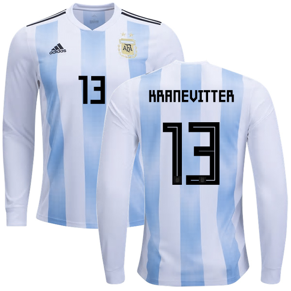 Argentina #13 Kranevitter Home Long Sleeves Kid Soccer Country Jersey Argentina #13 Kranevitter Home Long Sleeves Kid Soccer Country Jersey