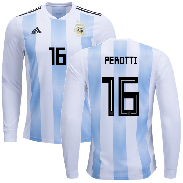 Argentina #16 Perotti Home Long Sleeves Kid Soccer Country Jersey Argentina #16 Perotti Home Long Sleeves Kid Soccer Country Jersey