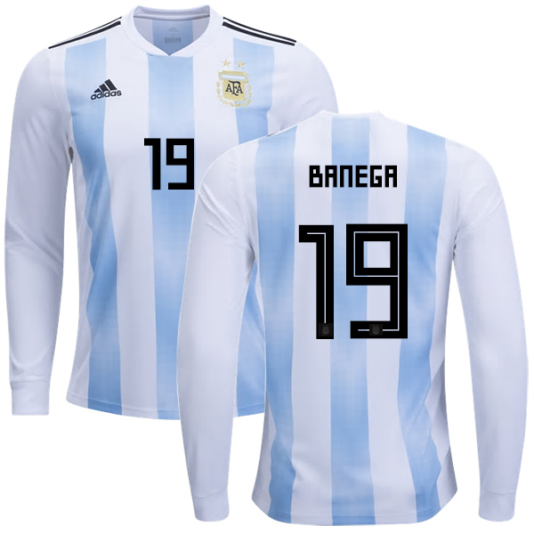 Argentina #19 Banega Home Long Sleeves Kid Soccer Country Jersey Argentina #19 Banega Home Long Sleeves Kid Soccer Country Jersey