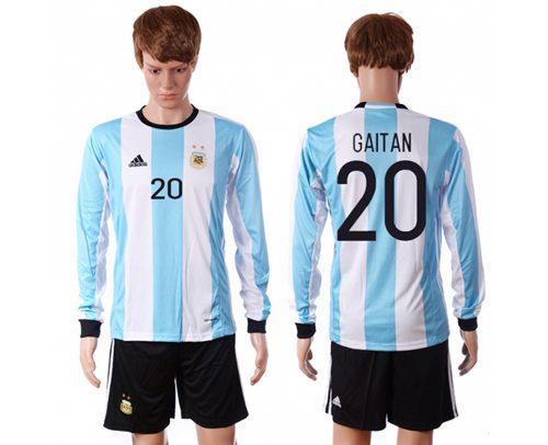 Argentina #20 Gaitan Home Long Sleeves Soccer Country Jersey Argentina #20 Gaitan Home Long Sleeves Soccer Country Jersey