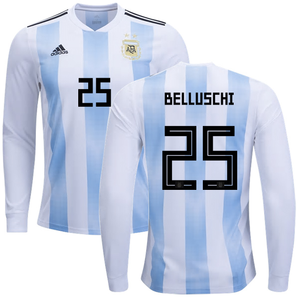 Argentina #25 Belluschi Home Long Sleeves Kid Soccer Country Jersey Argentina #25 Belluschi Home Long Sleeves Kid Soccer Country Jersey