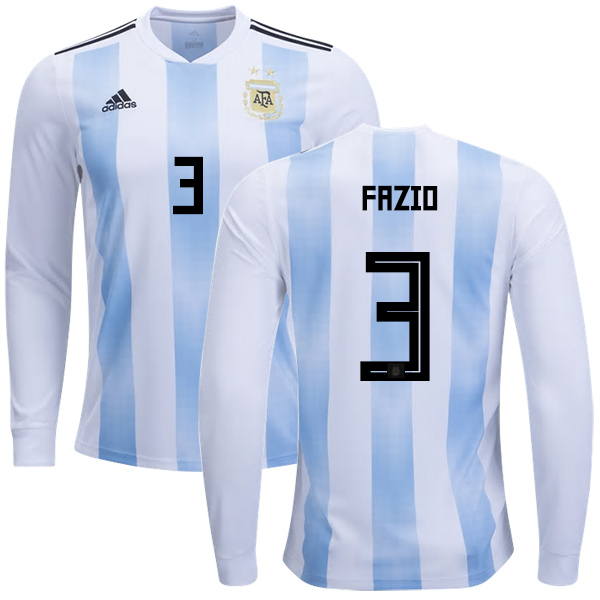 Argentina #3 Fazio Home Long Sleeves Kid Soccer Country Jersey Argentina #3 Fazio Home Long Sleeves Kid Soccer Country Jersey