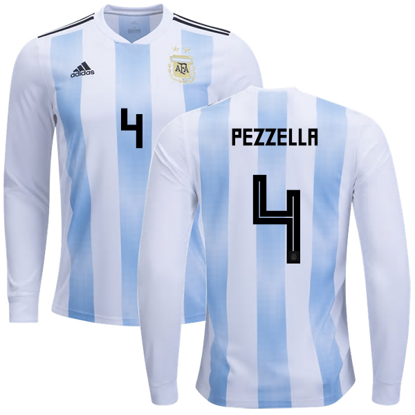 Argentina #4 Pezzella Home Long Sleeves Kid Soccer Country Jersey Argentina #4 Pezzella Home Long Sleeves Kid Soccer Country Jersey
