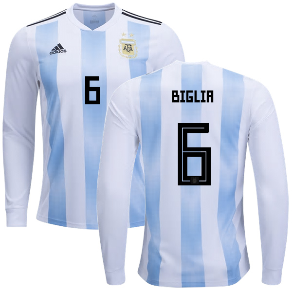 Argentina #6 Biglia Home Long Sleeves Kid Soccer Country Jersey Argentina #6 Biglia Home Long Sleeves Kid Soccer Country Jersey