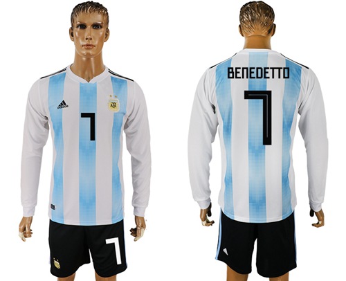 Argentina #7 Benedetto Home Long Sleeves Soccer Country Jersey Argentina #7 Benedetto Home Long Sleeves Soccer Country Jersey