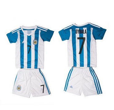 Argentina #7 Dybala Home Kid Soccer Country Jersey