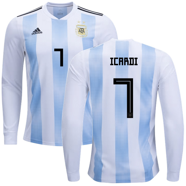 Argentina #7 Icardi Home Long Sleeves Kid Soccer Country Jersey Argentina #7 Icardi Home Long Sleeves Kid Soccer Country Jersey
