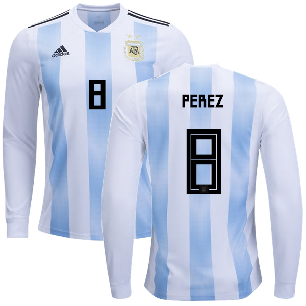 Argentina #8 Perez Home Long Sleeves Kid Soccer Country Jersey Argentina #8 Perez Home Long Sleeves Kid Soccer Country Jersey