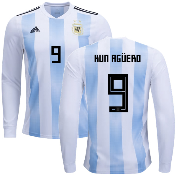 Argentina #9 Kun Aguero Home Long Sleeves Kid Soccer Country Jersey Argentina #9 Kun Aguero Home Long Sleeves Kid Soccer Country Jersey