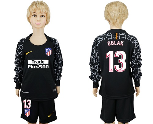 Atletico Madrid #13 Oblak Black Goalkeeper Long Sleeves Kid Soccer Club Jersey Atletico Madrid #13 Oblak Black Goalkeeper Long Sleeves Kid Soccer Club Jersey