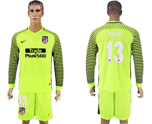 Atletico Madrid #13 Oblak Shiny Green Goalkeeper Long Sleeves Soccer Club Jersey Atletico Madrid #13 Oblak Shiny Green Goalkeeper Long Sleeves Soccer Club Jersey