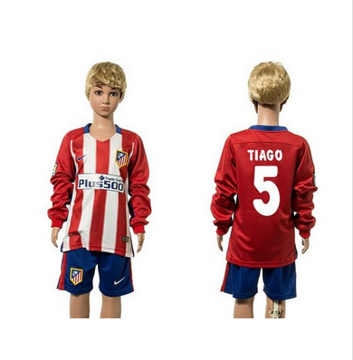 Atletico Madrid #5 Tiago Home Long Sleeves Kid Soccer Club Jersey Atletico Madrid #5 Tiago Home Long Sleeves Kid Soccer Club Jersey