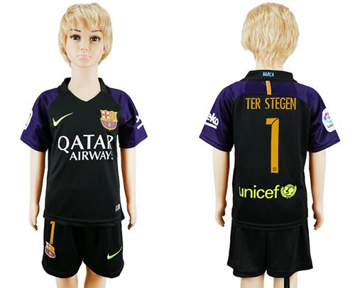 Barcelona #1 Ter Stegen Black Goalkeeper Kid Soccer Club Jersey Barcelona #1 Ter Stegen Black Goalkeeper Kid Soccer Club Jersey
