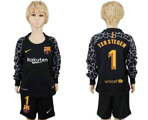 Barcelona #1 Ter Stegen Black Goalkeeper Long Sleeves Kid Soccer Club Jersey Barcelona #1 Ter Stegen Black Goalkeeper Long Sleeves Kid Soccer Club Jersey