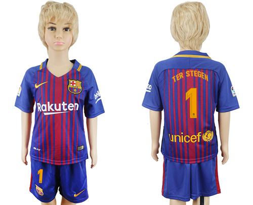 Barcelona #1 Ter Stegen Home Kid Soccer Club Jersey