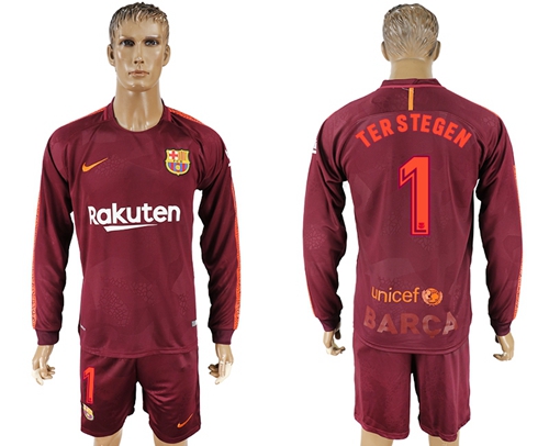 Barcelona #1 Ter Stegen Sec Away Long Sleeves Soccer Club Jersey