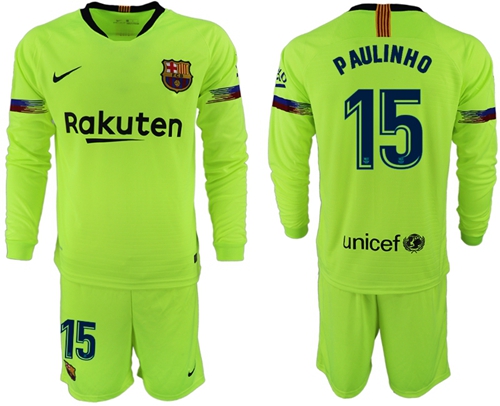 Barcelona #15 Paulinho Away Long Sleeves Soccer Club Jersey Barcelona #15 Paulinho Away Long Sleeves Soccer Club Jersey