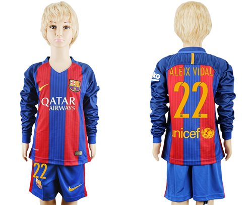 Barcelona #22 Aleix Vidal Home Long Sleeves Kid Soccer Club Jersey Barcelona #22 Aleix Vidal Home Long Sleeves Kid Soccer Club Jersey