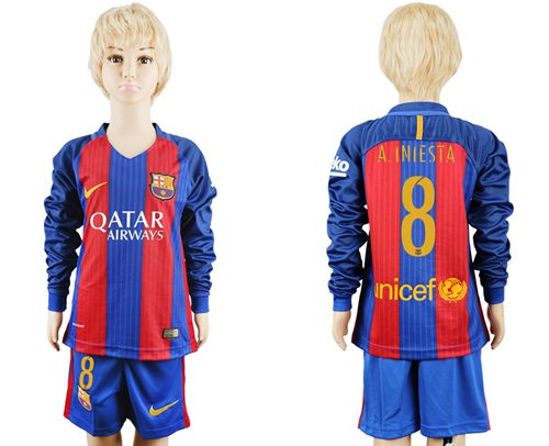 Barcelona #8 A.Iniesta Home Long Sleeves Kid Soccer Club Jersey Barcelona #8 A.Iniesta Home Long Sleeves Kid Soccer Club Jersey