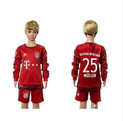 Bayern Munchen #25 Muller Home Long Sleeves Kid Soccer Club Jersey