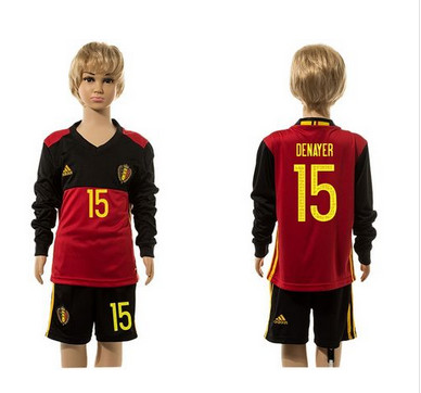 Belgium #15 Denayer Red Home Long Sleeves Kid Soccer Country Jersey Belgium #15 Denayer Red Home Long Sleeves Kid Soccer Country Jersey