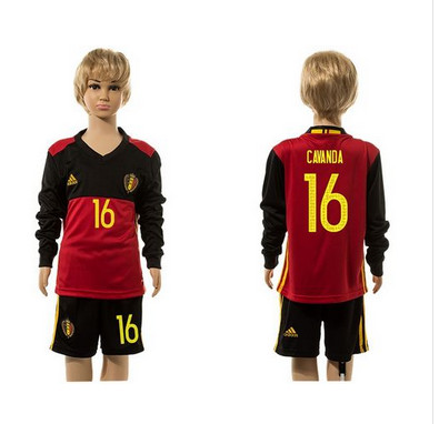 Belgium #16 Cavanda Red Home Long Sleeves Kid Soccer Country Jersey