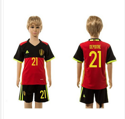 Belgium #21 Depoitre Red Home Kid Soccer Country Jersey
