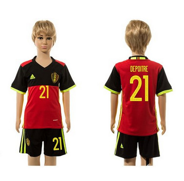 Belgium #21 Depoitre Red Home Kid Soccer Country Jersey