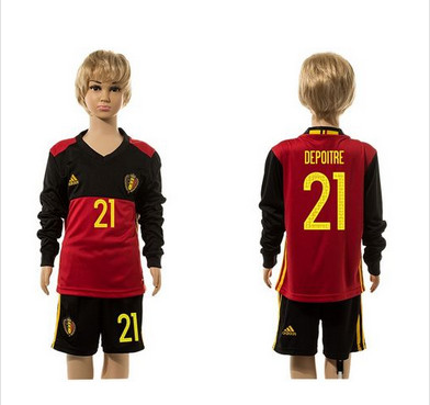 Belgium #21 Depoitre Red Home Long Sleeves Kid Soccer Country Jersey