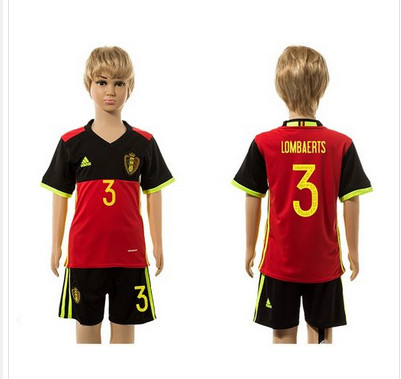 Belgium #3 Lombaerts Red Home Kid Soccer Country Jersey