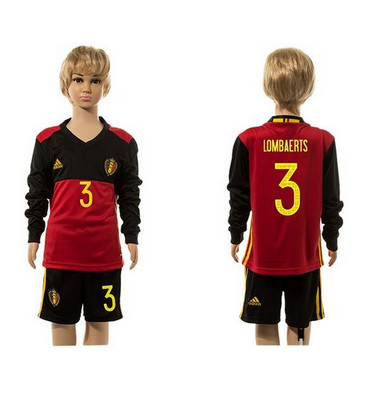 Belgium #3 Lombaerts Red Home Long Sleeves Kid Soccer Country Jersey