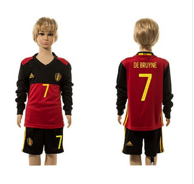 Belgium #7 De Bruyne Red Home Long Sleeves Kid Soccer Country Jersey